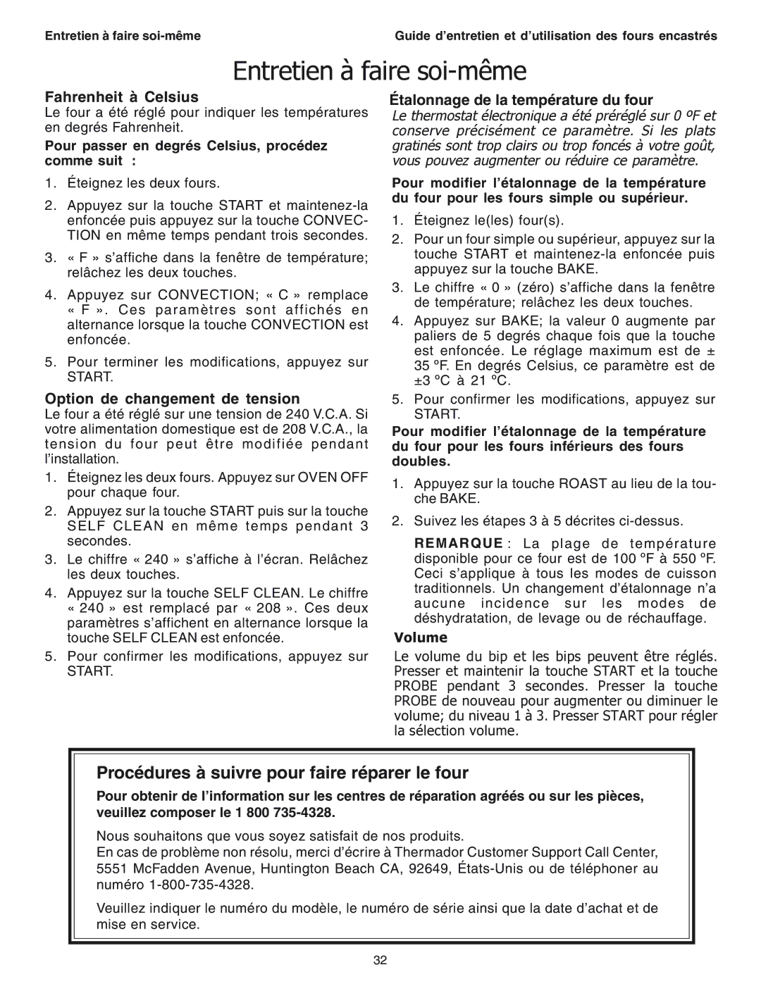 Thermador SEC271 manual Fahrenheit à Celsius, Option de changement de tension, Étalonnage de la température du four 