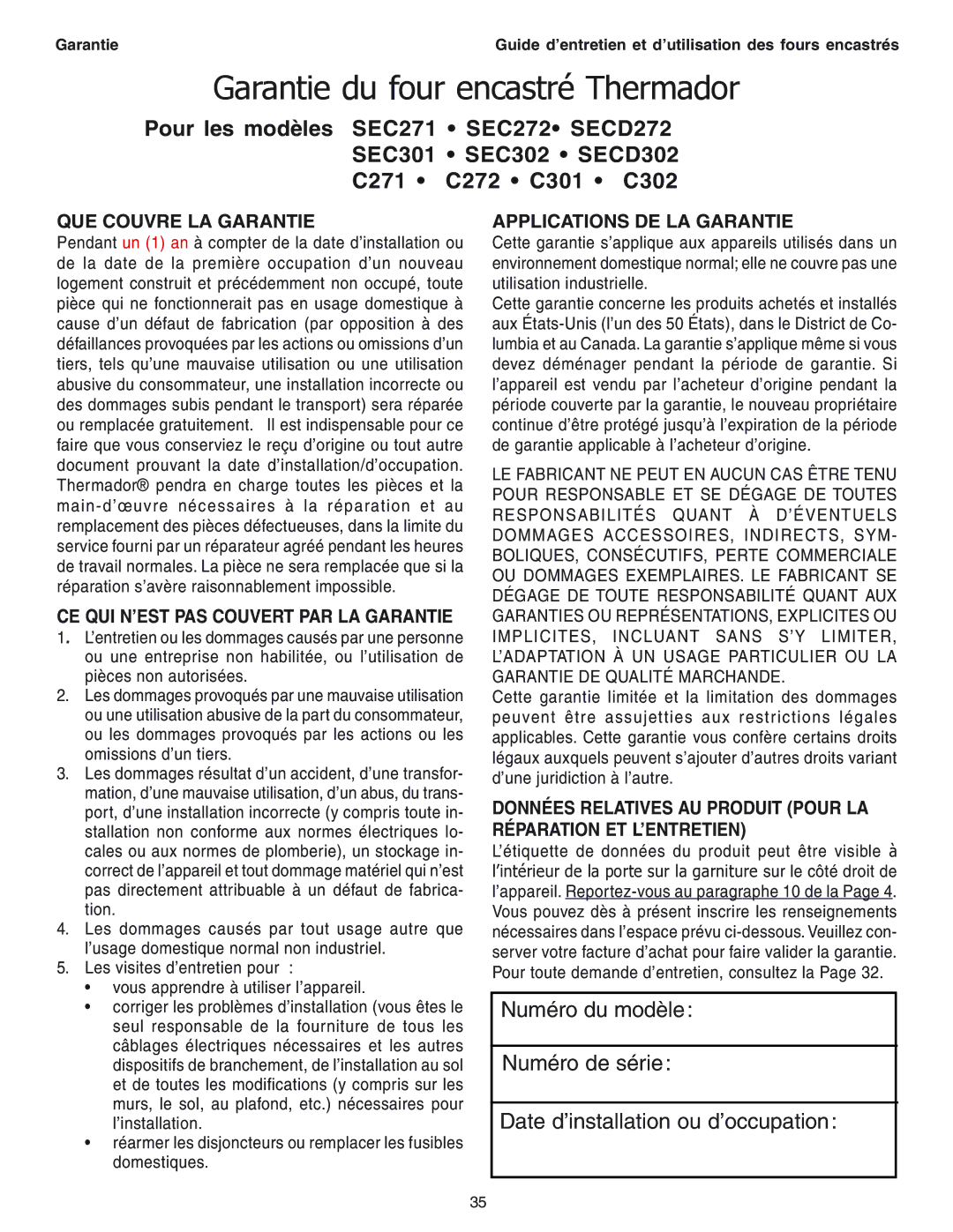 Thermador SEC271 manual Garantie du four encastré Thermador, QUE Couvre LA Garantie, Applications DE LA Garantie 