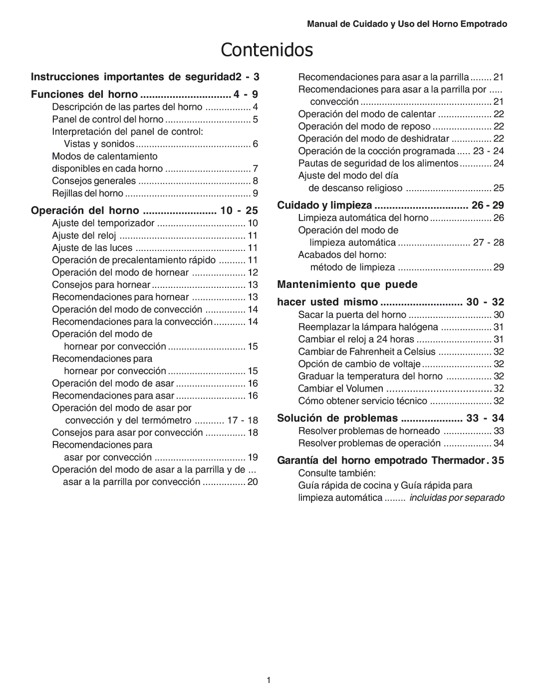 Thermador SEC271 manual Contenidos 