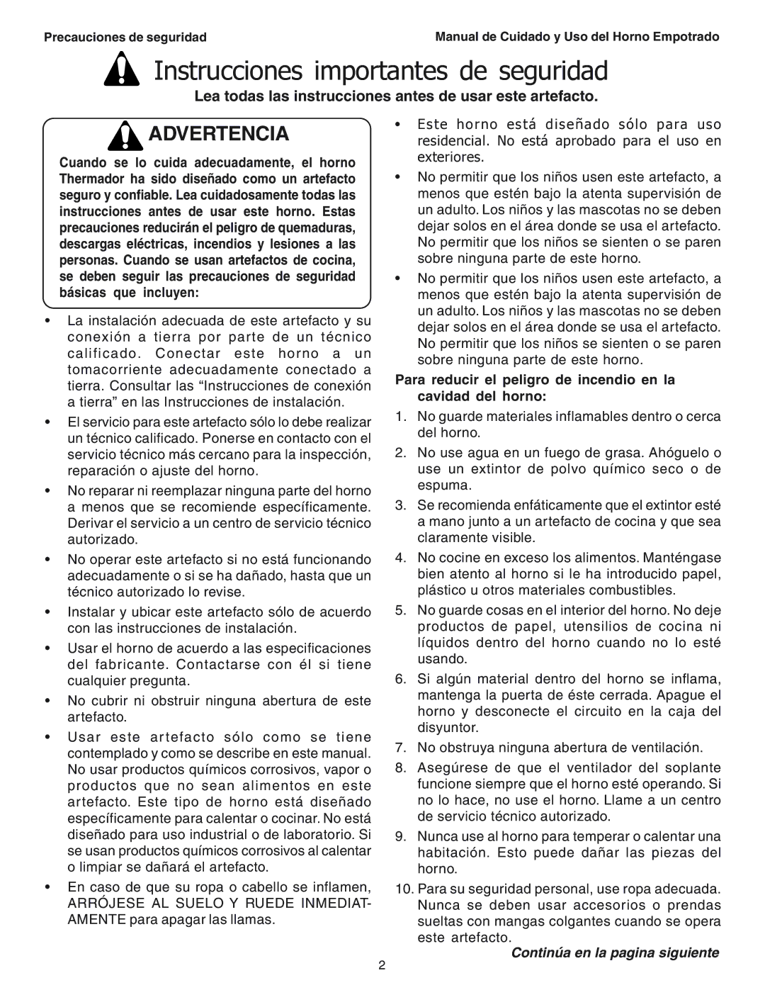 Thermador SEC271 manual Instrucciones importantes de seguridad, Lea todas las instrucciones antes de usar este artefacto 