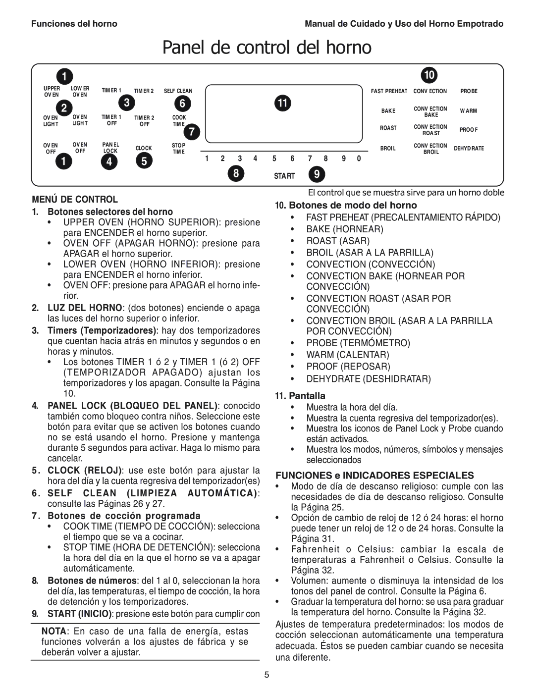 Thermador SEC271 manual Menú DE Control 