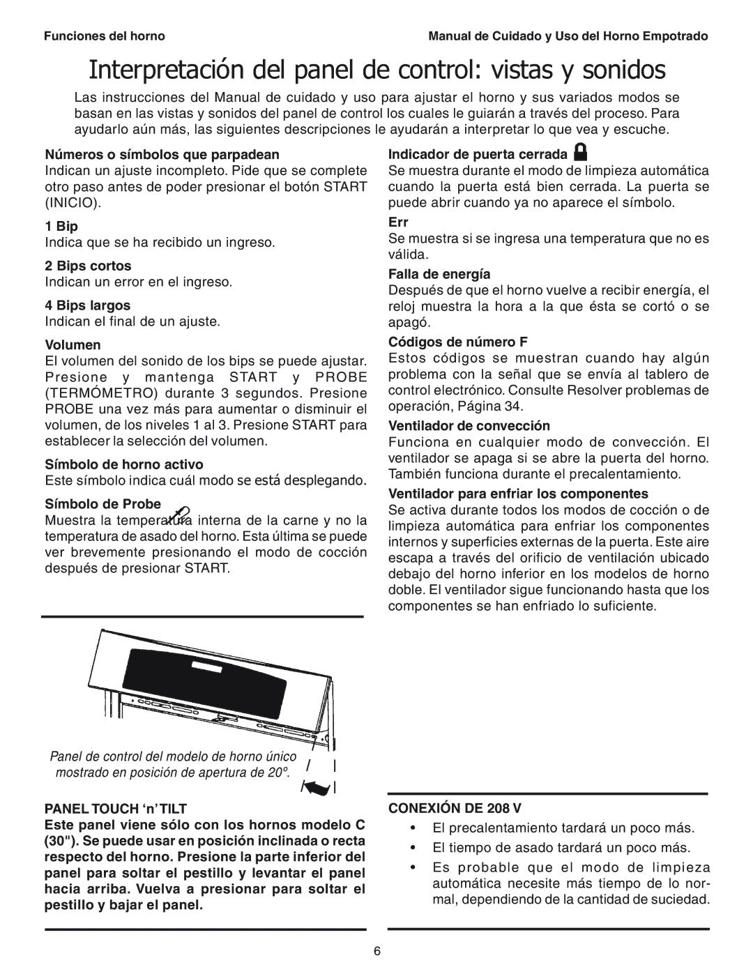 Thermador SEC271 manual Interpretación del panel de control vistas y sonidos, Conexión DE 208 