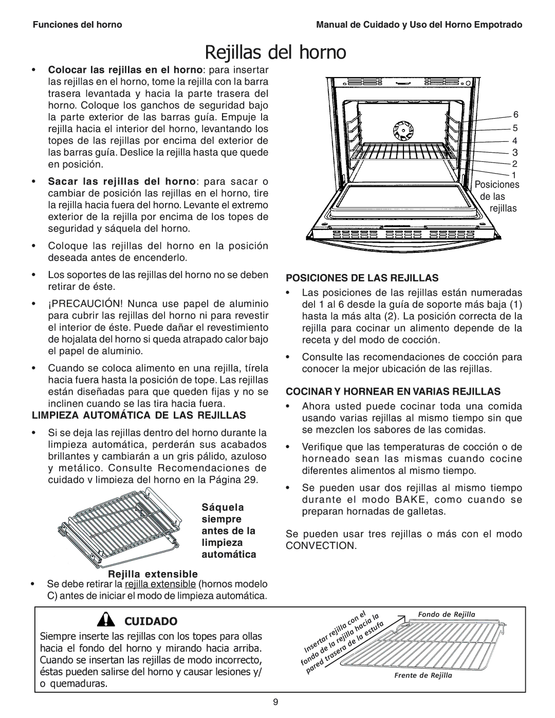 Thermador SEC271 manual Rejillas del horno, Limpieza Automática DE LAS Rejillas, Posiciones DE LAS Rejillas 