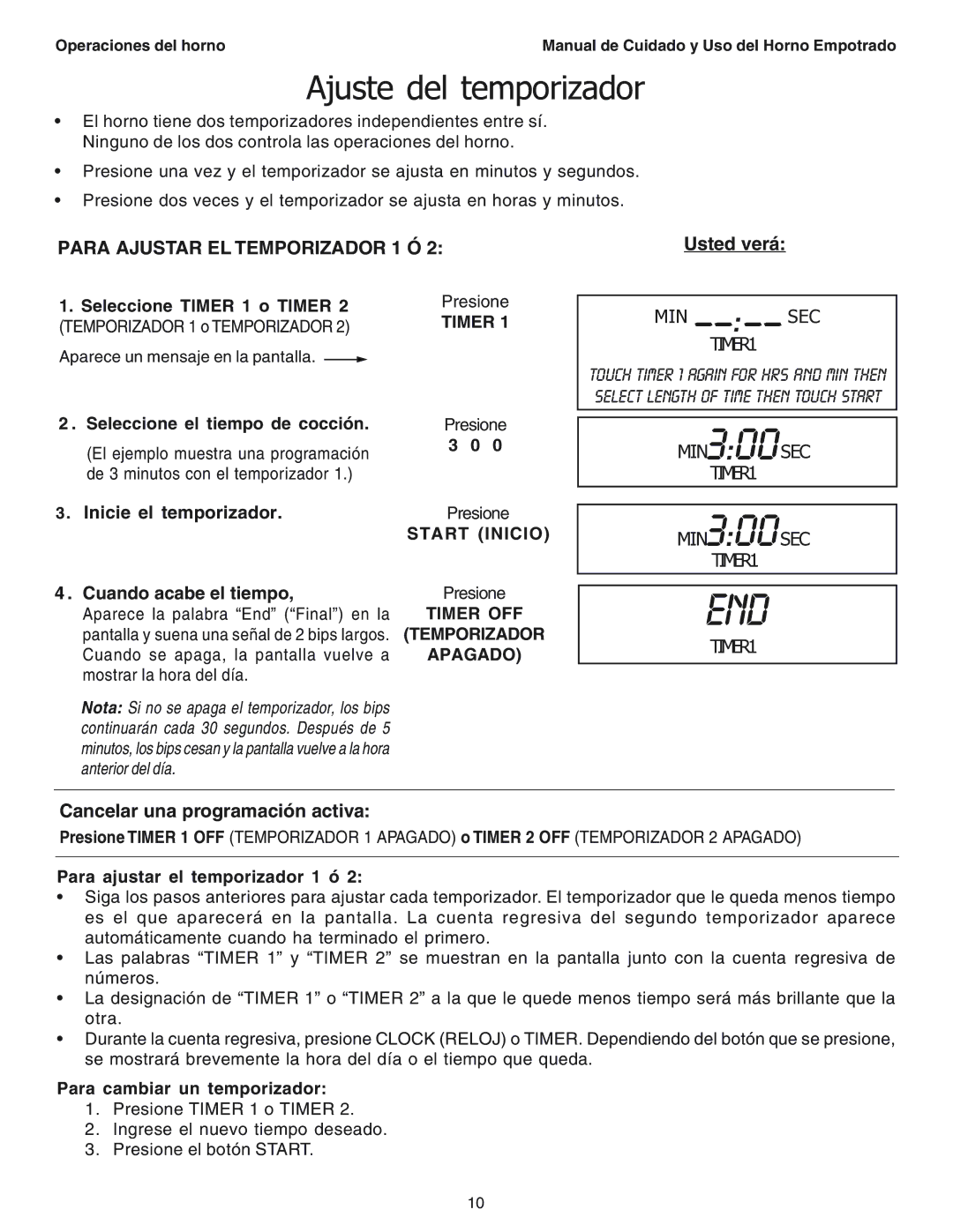 Thermador SEC271 Ajuste del temporizador, Para Ajustar EL Temporizador 1 Ó, Usted verá, Cancelar una programación activa 