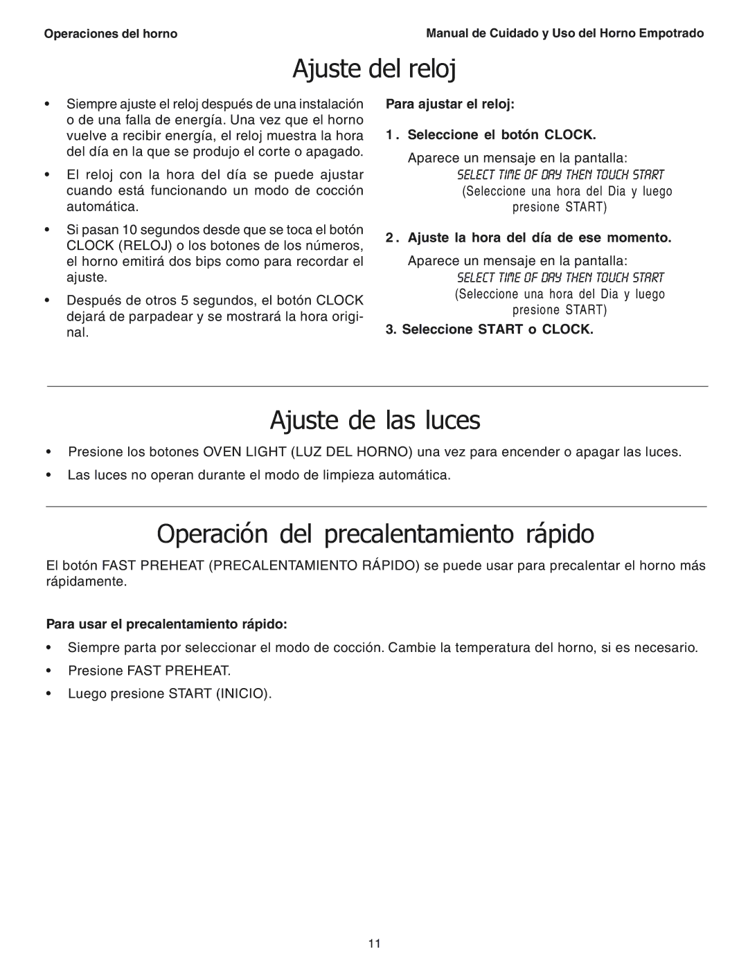 Thermador SEC271 manual Ajuste del reloj, Ajuste de las luces, Operación del precalentamiento rápido 