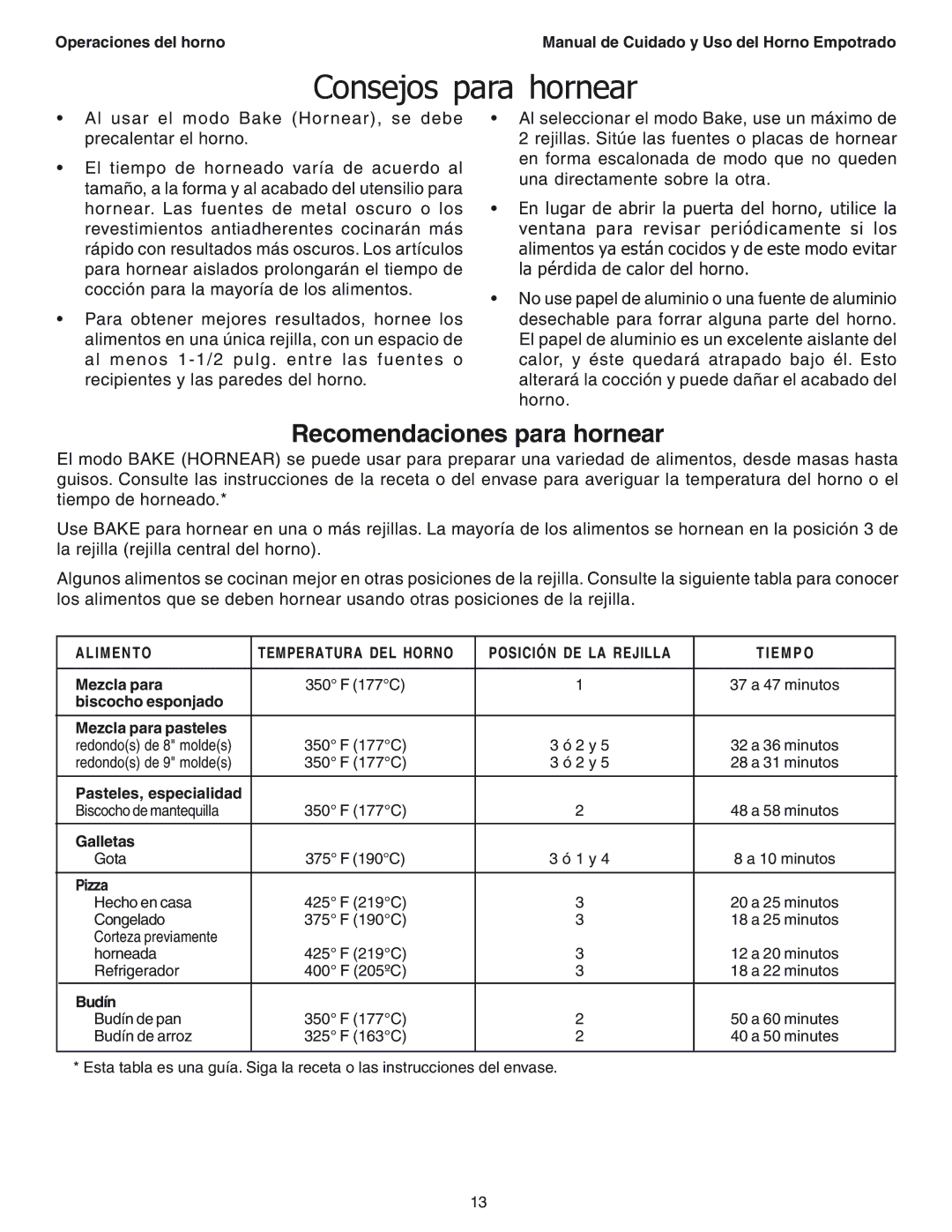 Thermador SEC271 manual Consejos para hornear, Recomendaciones para hornear 