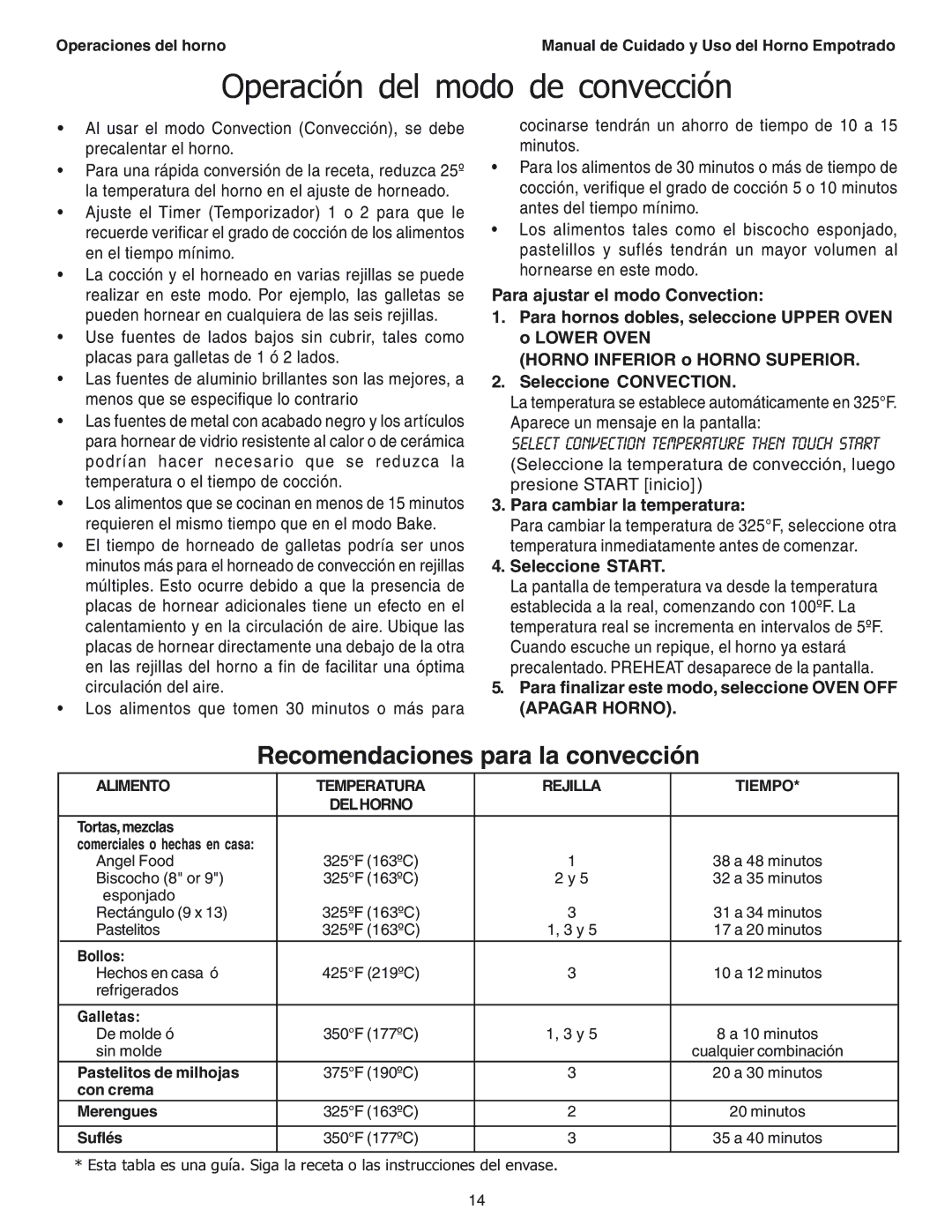 Thermador SEC271 manual Operación del modo de convección, Recomendaciones para la convección 