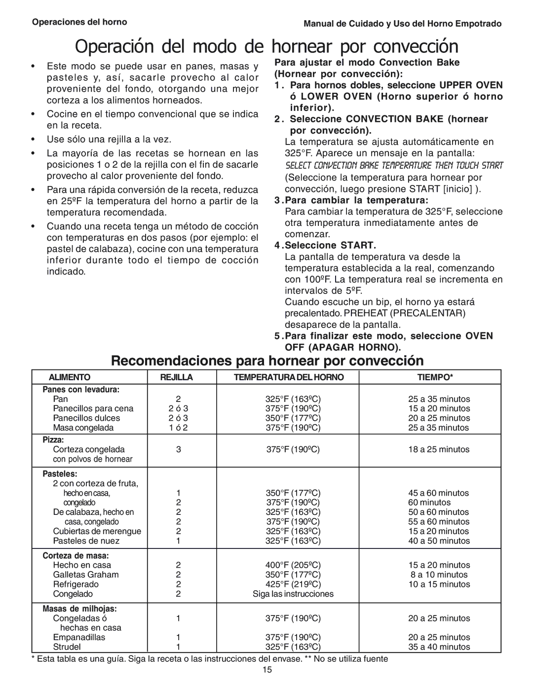 Thermador SEC271 manual Operación del modo de hornear por convección, Recomendaciones para hornear por convección 