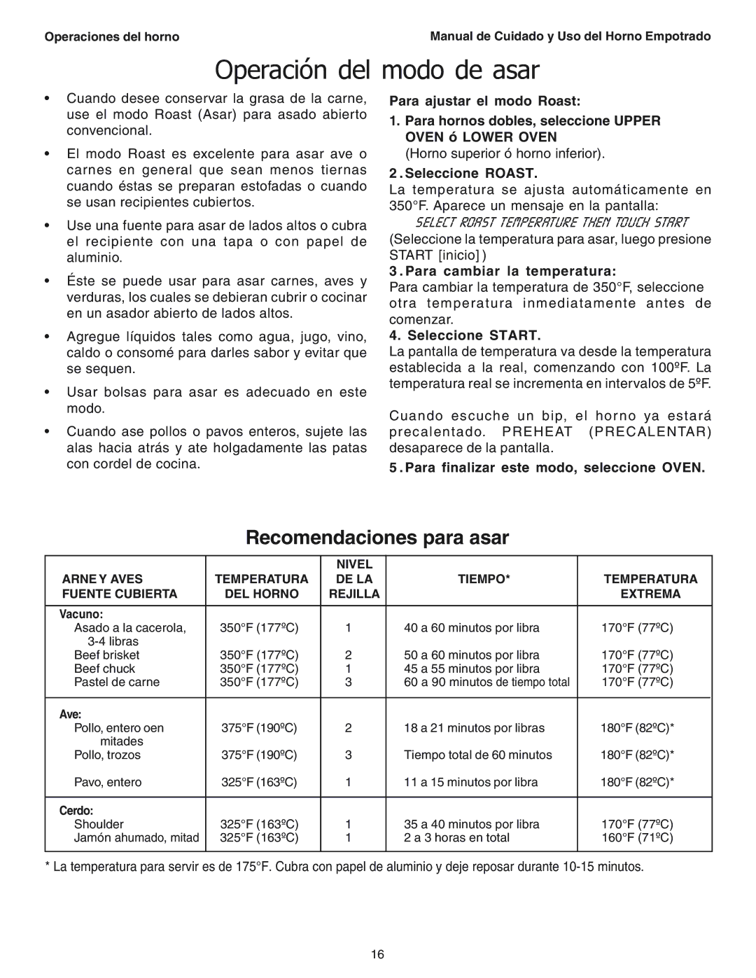 Thermador SEC271 manual Operación del modo de asar, Recomendaciones para asar, Seleccione Roast 