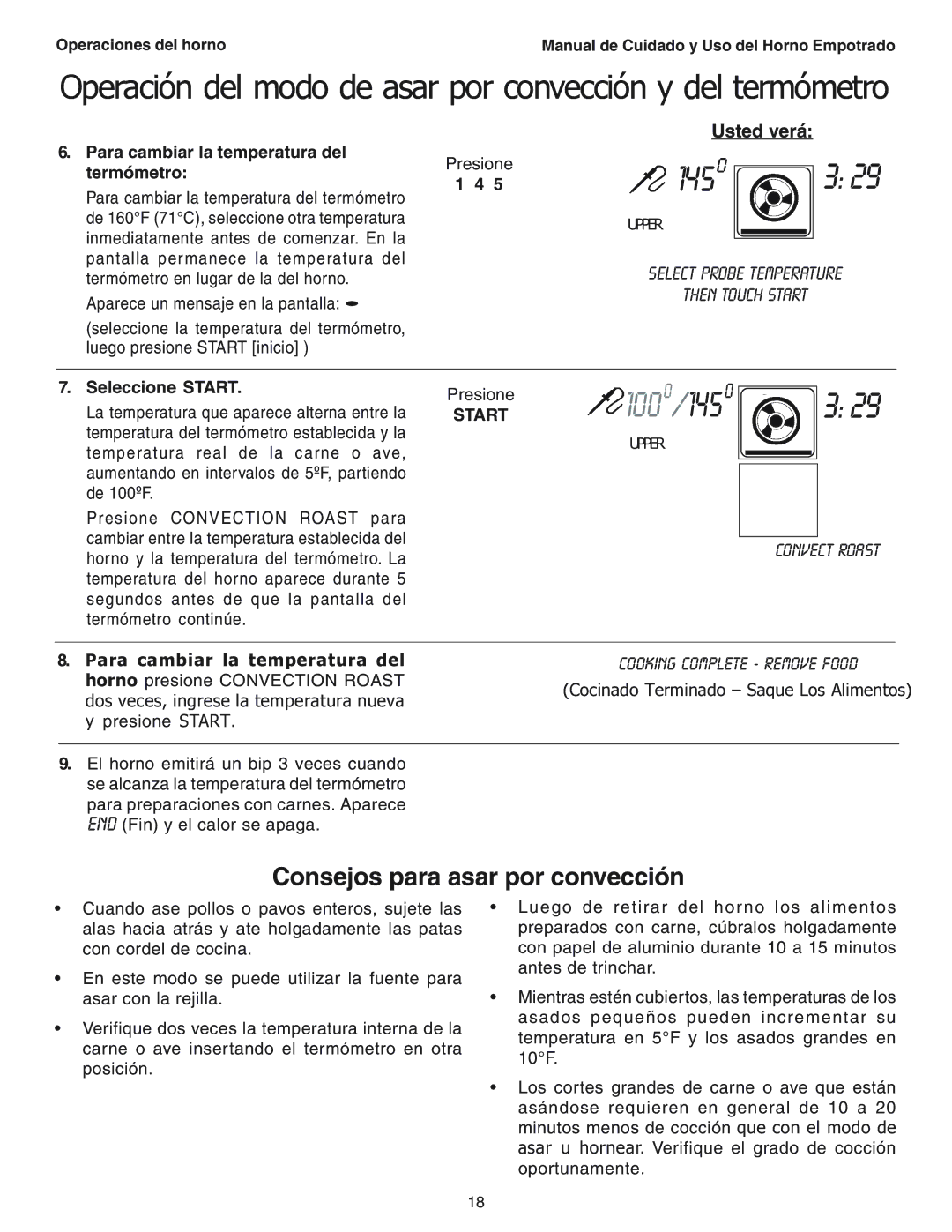 Thermador SEC271 manual Consejos para asar por convección, Para cambiar la temperatura del termómetro 