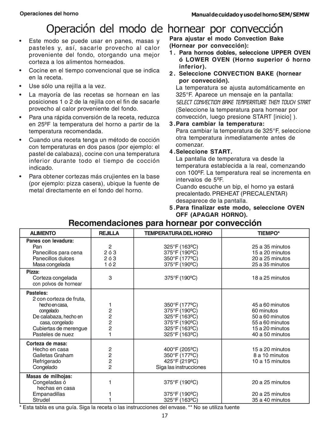 Thermador SEM302, SEMW302, SEM272 Operación del modo de hornear por convección, Recomendaciones para hornear por convección 