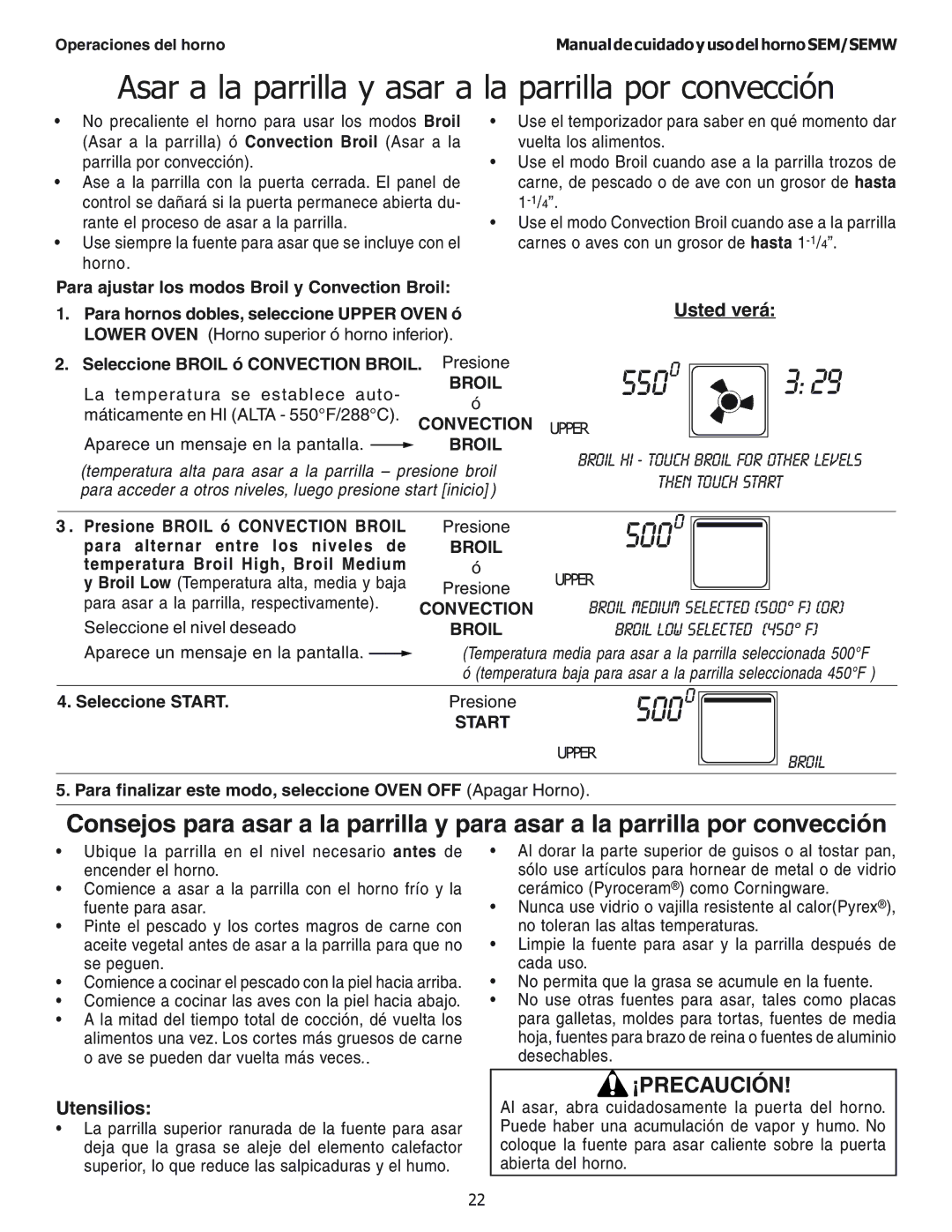 Thermador SEMW302, SEMW272, SEM272, SEM302 manual Asar a la parrilla y asar a la parrilla por convección, Utensilios 