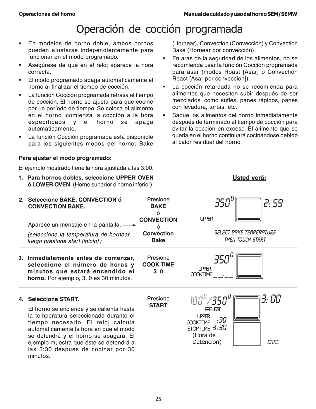 Thermador SEM302, SEMW302, SEMW272, SEM272 manual Operación de cocción programada, Bake Convection 