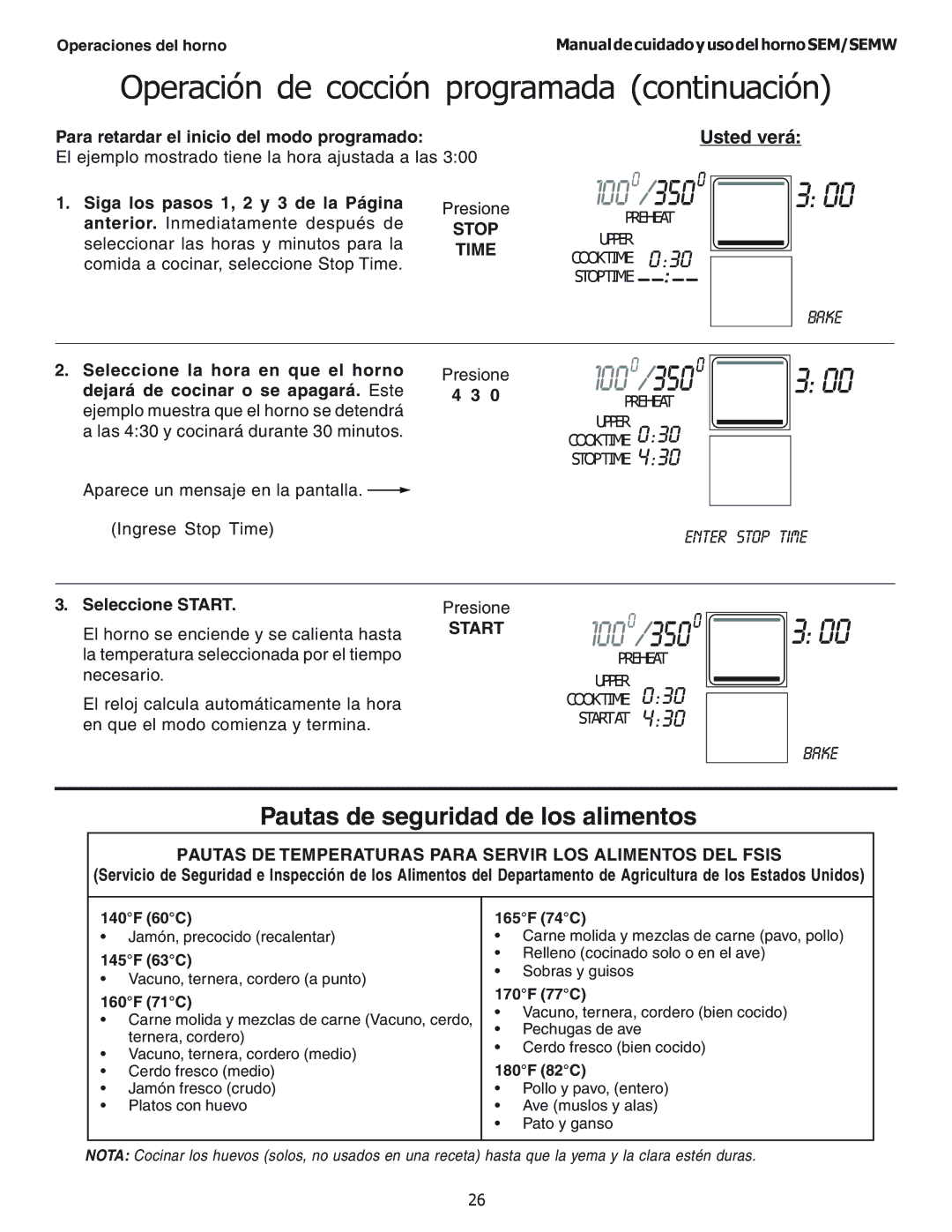 Thermador SEMW302, SEMW272 manual Operación de cocción programada continuación, Para retardar el inicio del modo programado 