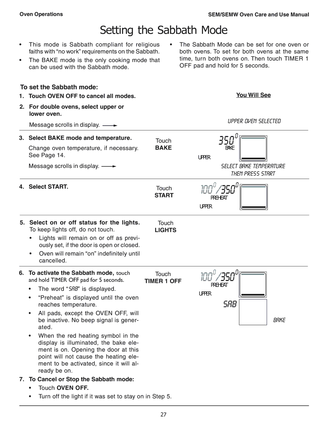 Thermador SEMW272, SEMW302 Setting the Sabbath Mode, To set the Sabbath mode, Select Bake mode and temperature, Lights 