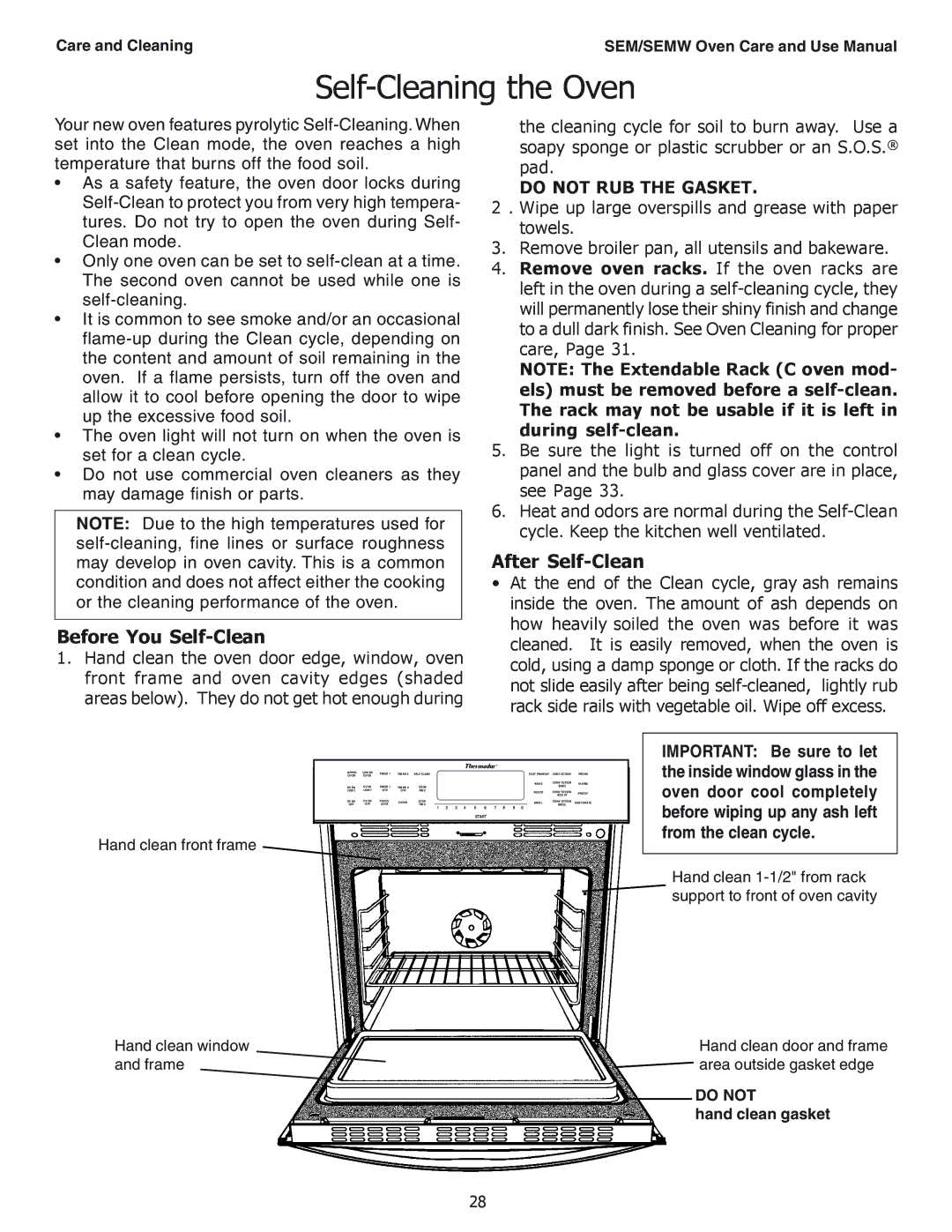 Thermador SEM272, SEMW302, SEMW272 Self-Cleaning the Oven, Before You Self-Clean, After Self-Clean, Do not RUB the Gasket 