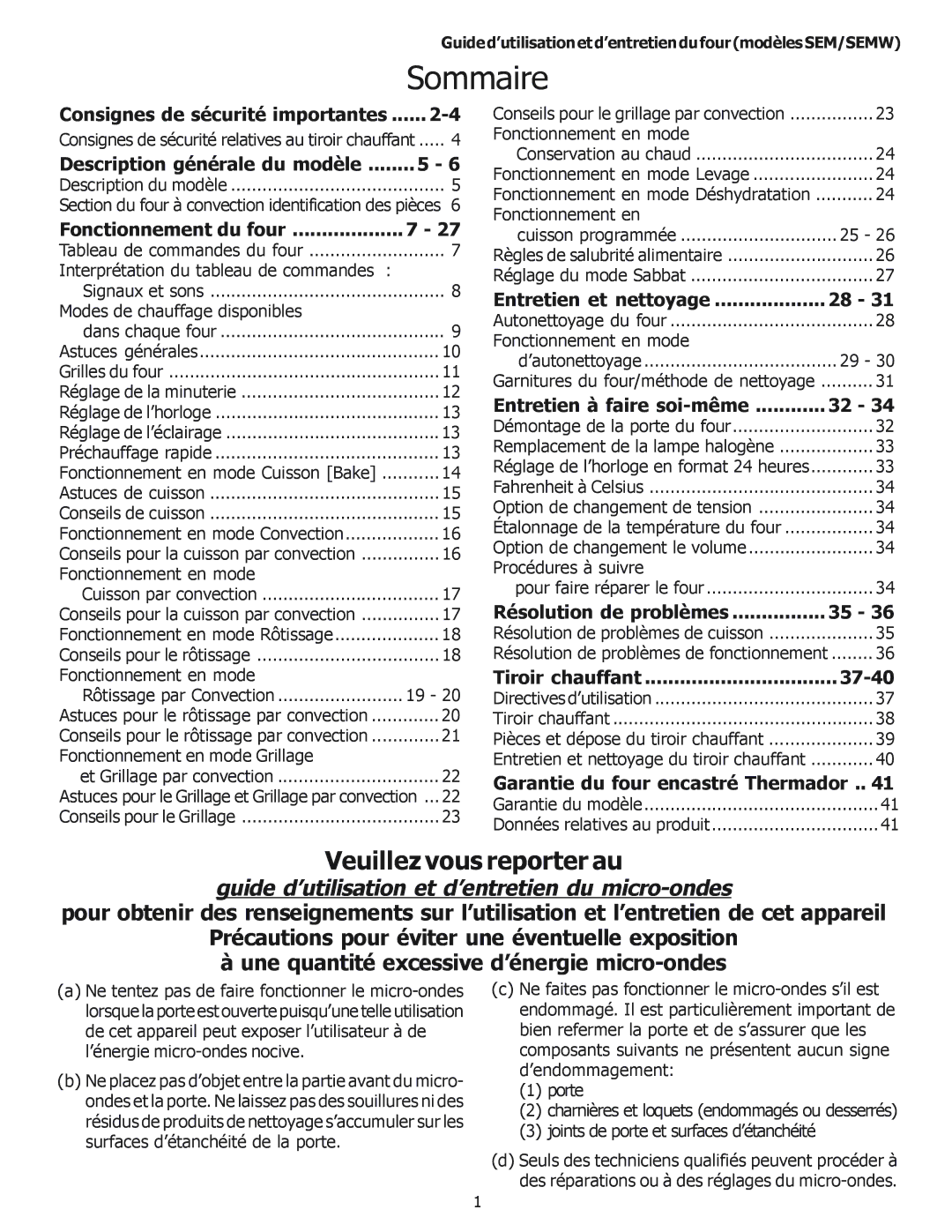 Thermador SEMW272, SEMW302, SEM272, SEM302 manual Sommaire 