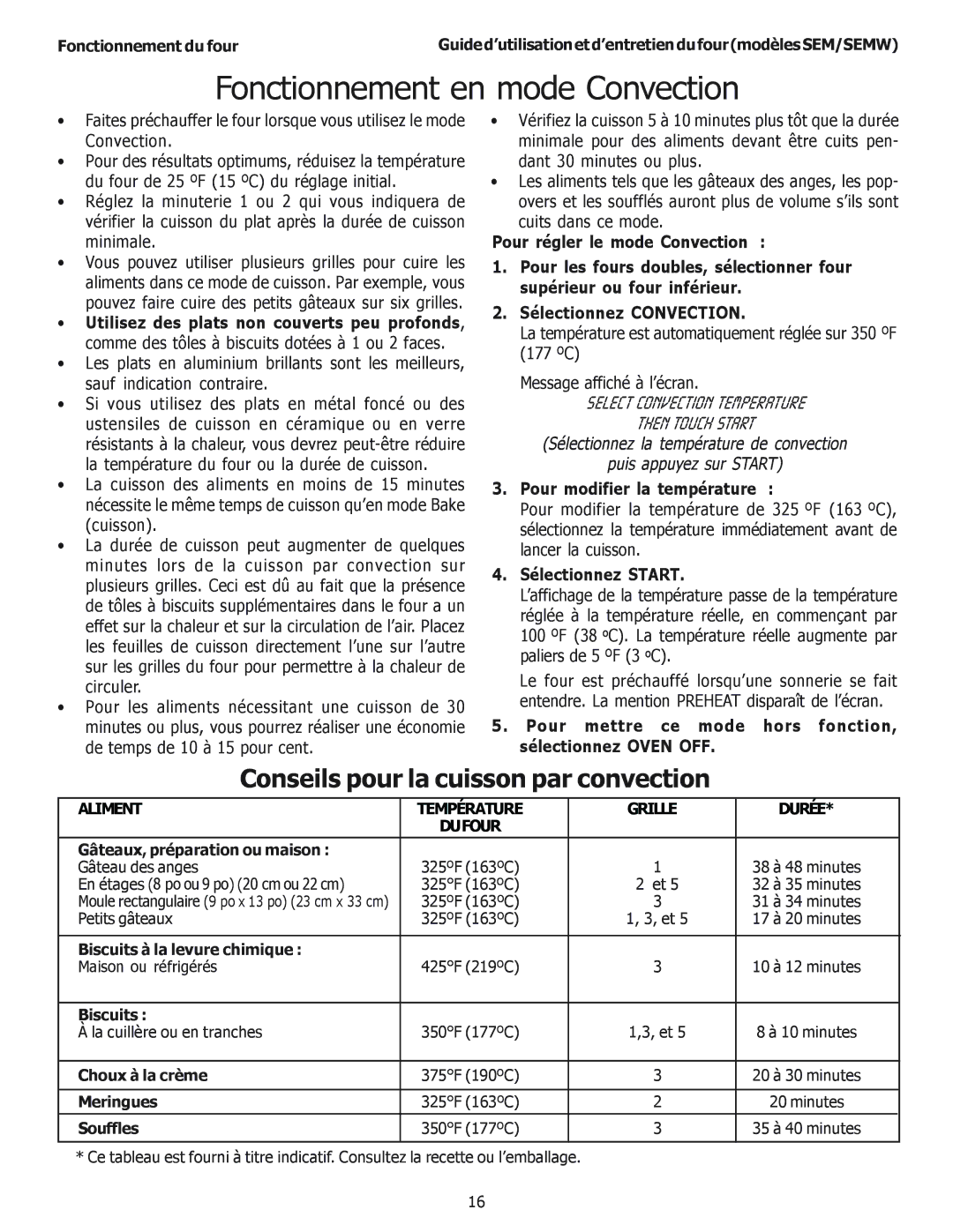 Thermador SEMW302, SEMW272, SEM272, SEM302 manual Fonctionnement en mode Convection, Then Touch Start 