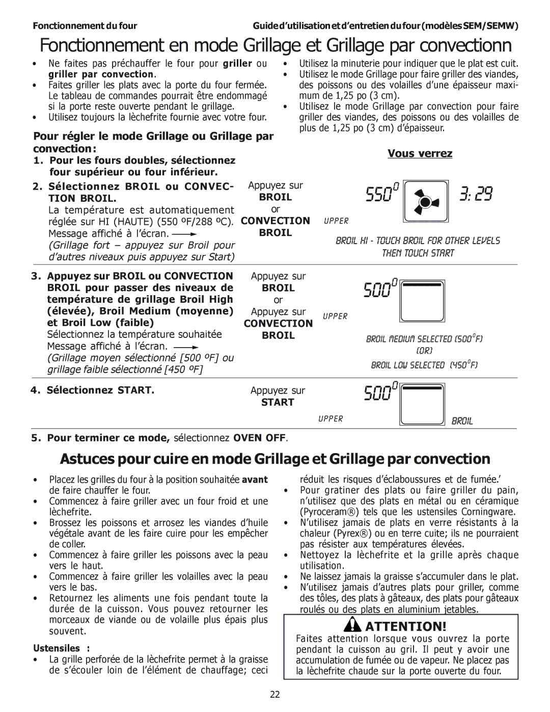 Thermador SEM272, SEMW302, SEMW272, SEM302 Pour régler le mode Grillage ou Grillage par, Convection Vous verrez, Tion Broil 