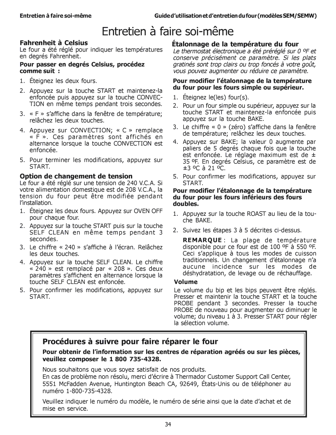 Thermador SEM272, SEMW302, SEMW272, SEM302 Entretien à faire soi-même, Fahrenheit à Celsius, Option de changement de tension 