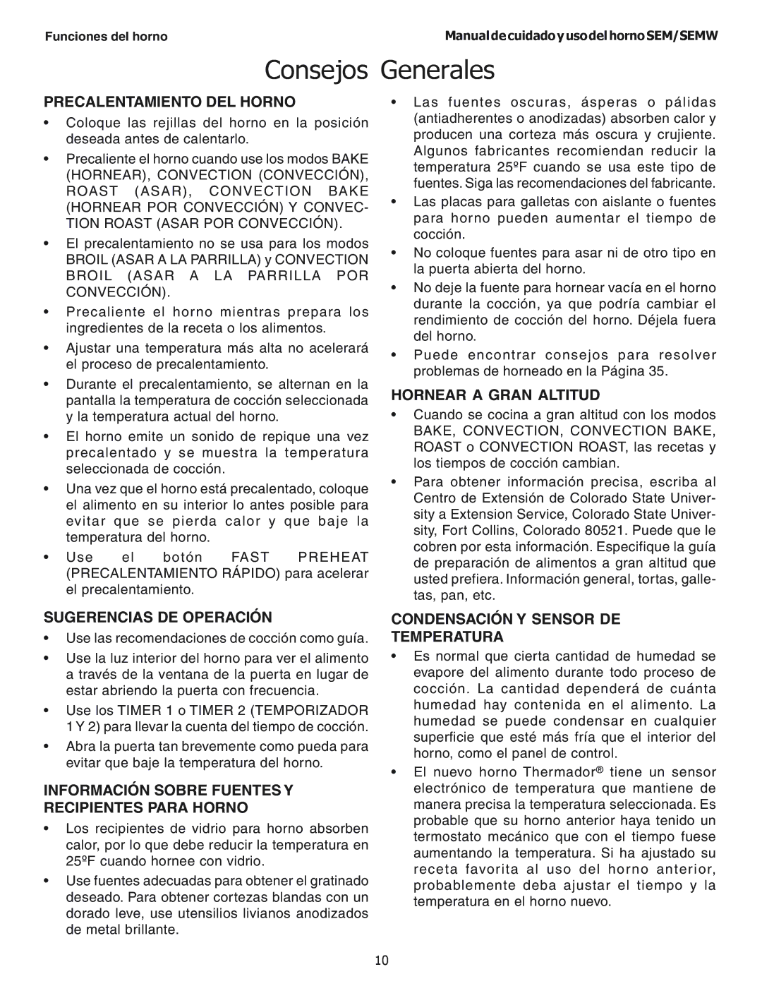 Thermador SEMW302, SEMW272, SEM272, SEM302 manual Consejos Generales 