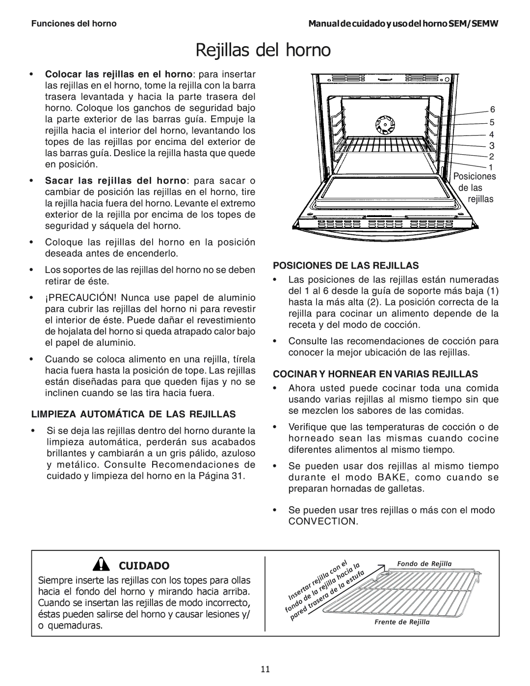 Thermador SEMW272, SEMW302, SEM272 manual Rejillas del horno, Limpieza Automática DE LAS Rejillas, Posiciones DE LAS Rejillas 