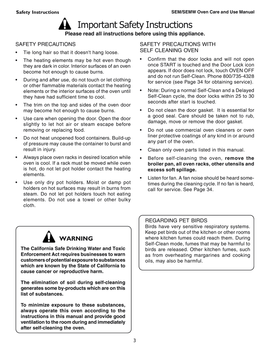 Thermador SEMW272 manual Important Safety Instructions, Safety Precautions With Self Cleaning Oven, Regarding Pet Birds 