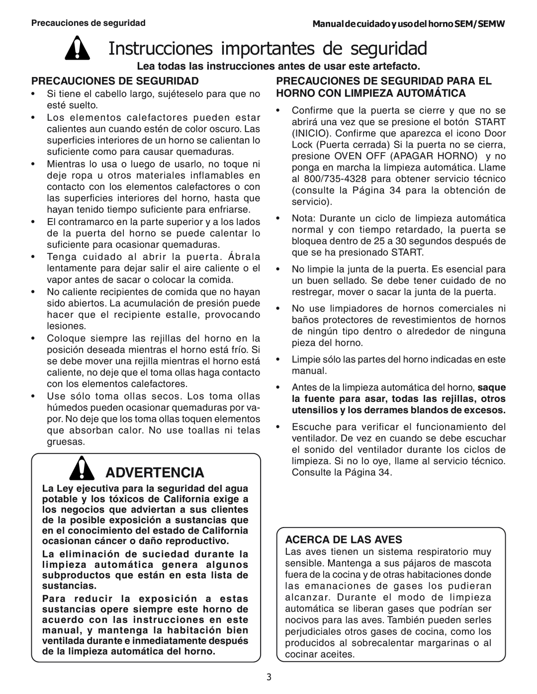 Thermador SEMW272 manual Precauciones De Seguridad, Acerca De Las Aves, Instrucciones importantes de seguridad, Advertencia 