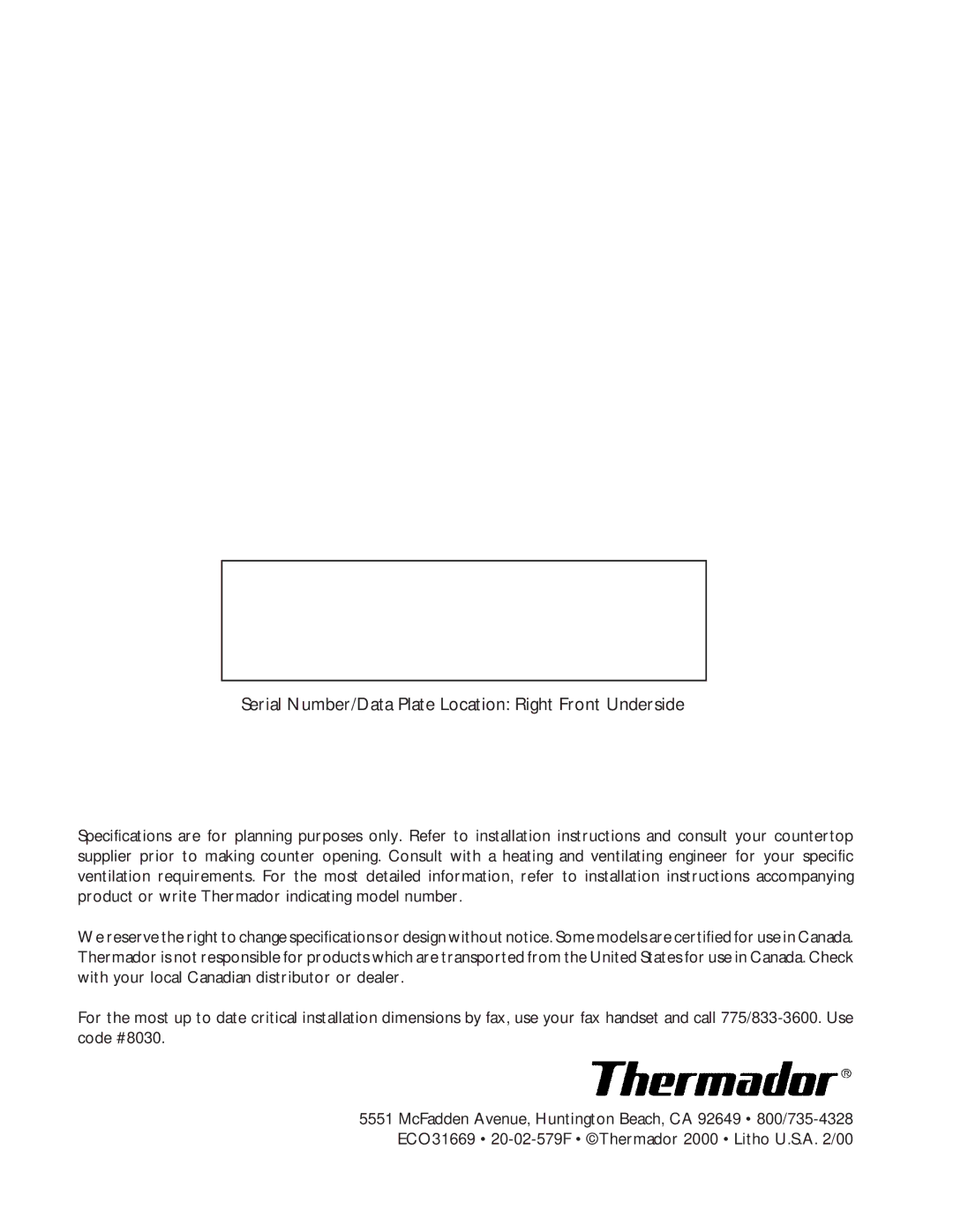 Thermador SGCS456, SGC456 owner manual Serial Number/Data Plate Location Right Front Underside 