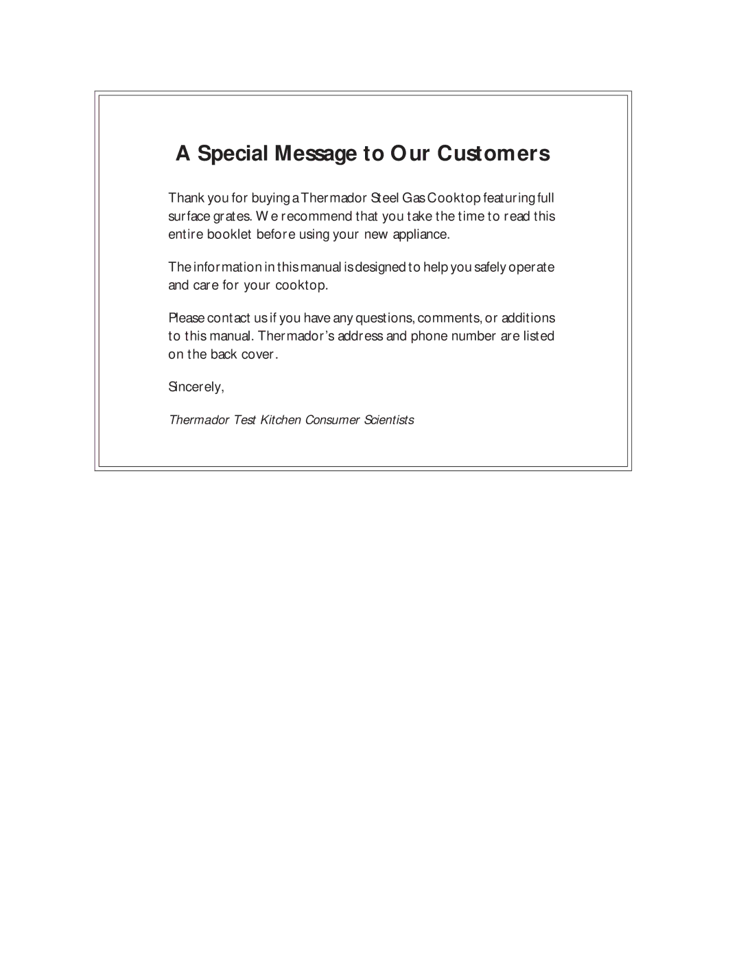 Thermador SGCS456, SGC456 owner manual Special Message to Our Customers 