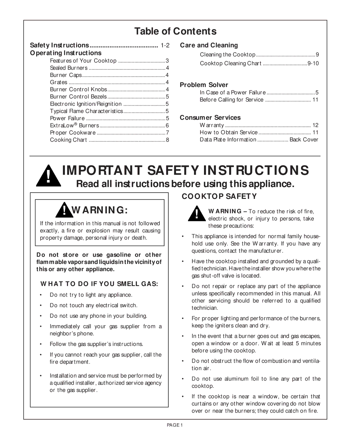 Thermador SGC456 Important Safety Instructions, Table of Contents, Read all instructions before using this appliance 