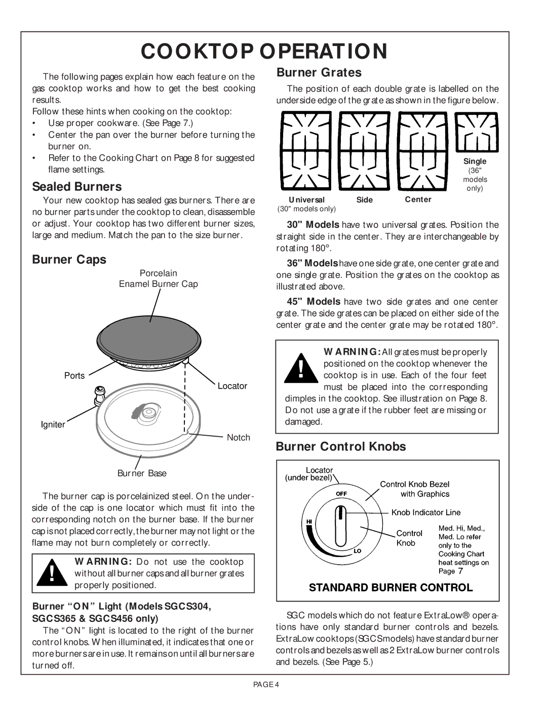 Thermador SGCS456, SGC456 owner manual Cooktop Operation, Sealed Burners, Burner Caps, Burner Grates, Burner Control Knobs 