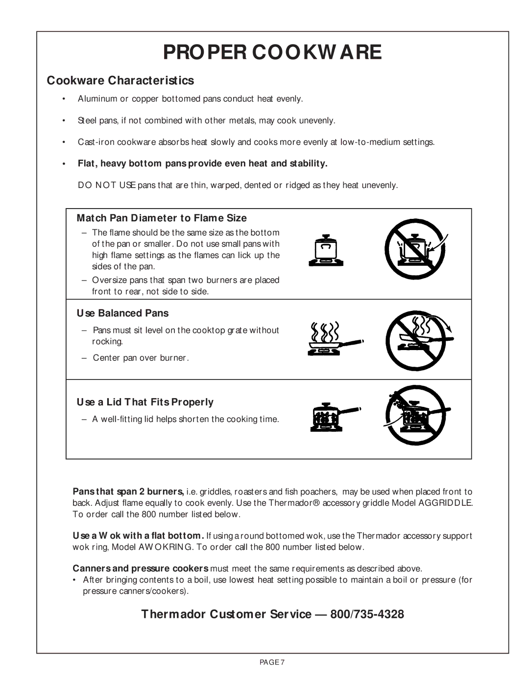 Thermador SGC456, SGCS456 owner manual Proper Cookware, Cookware Characteristics, Thermador Customer Service 800/735-4328 