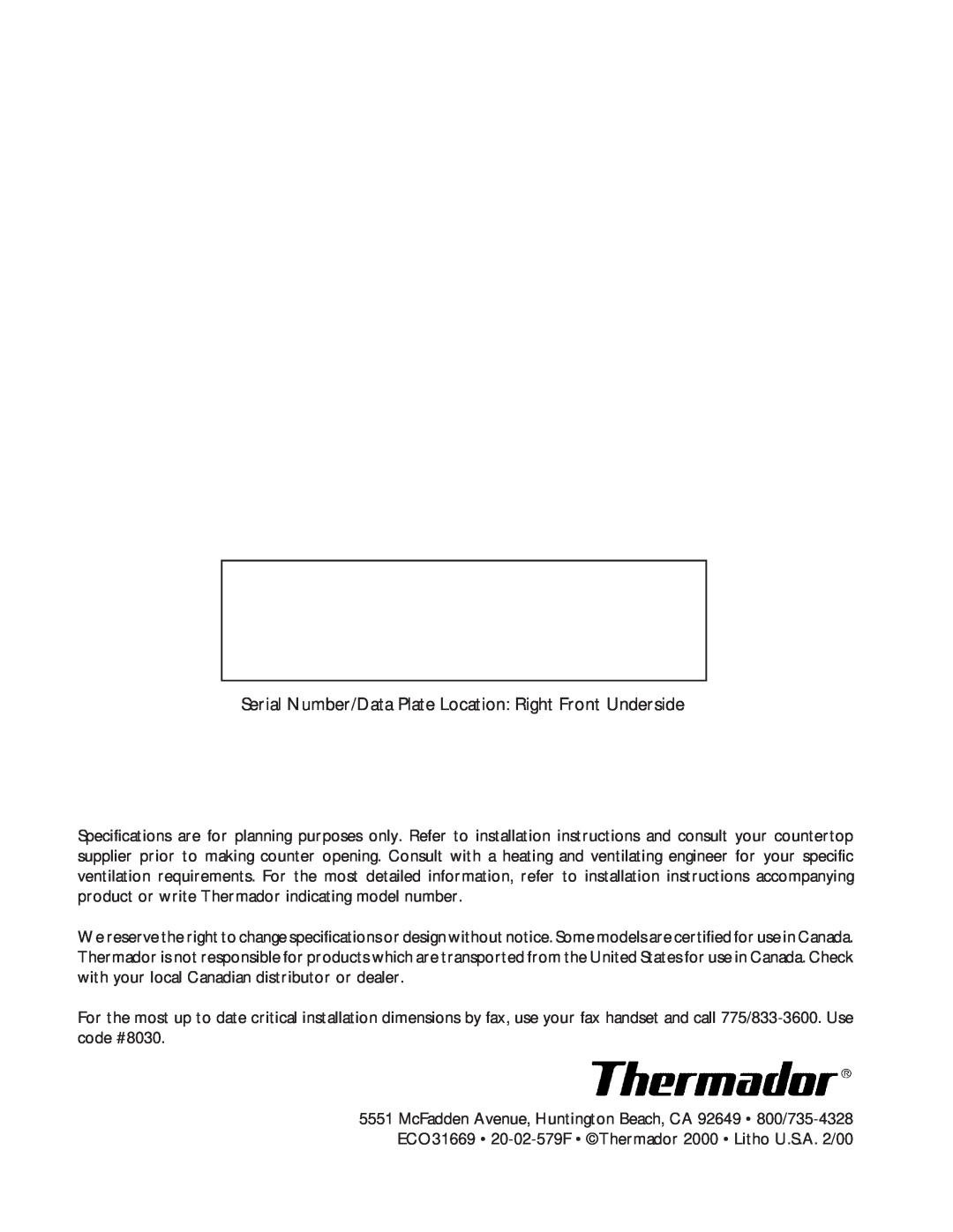 Thermador SGCS456, SGC456 owner manual Serial Number/Data Plate Location Right Front Underside 