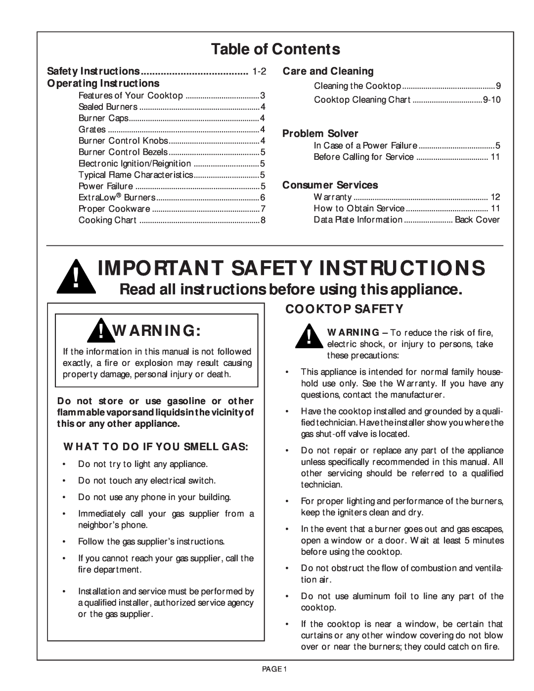 Thermador SGC456 Important Safety Instructions, Table of Contents, Read all instructions before using this appliance 