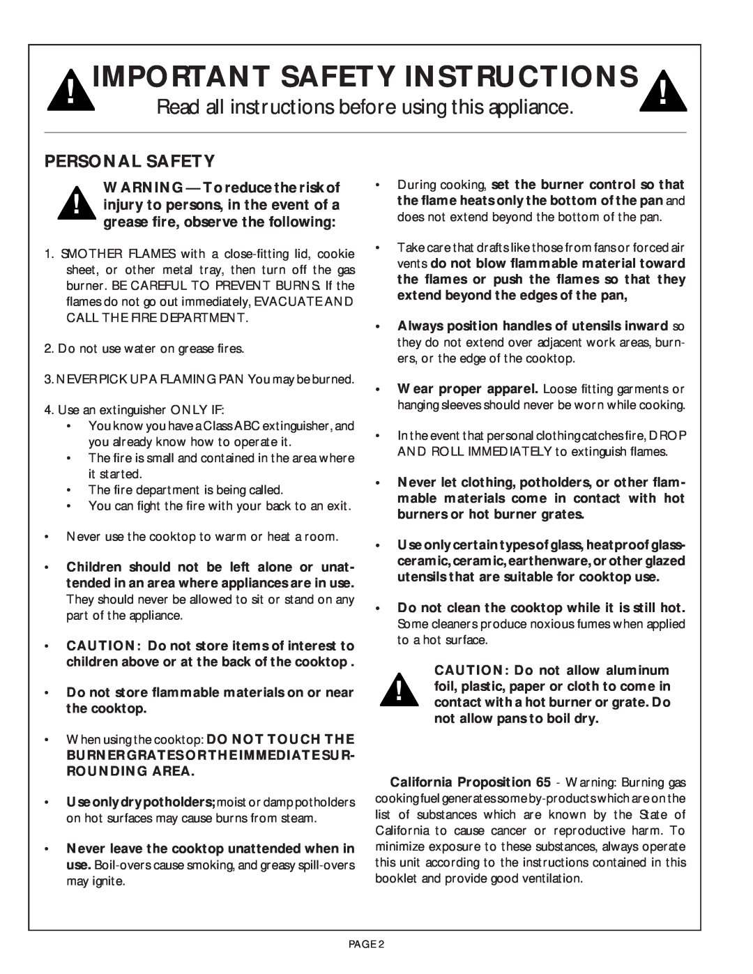 Thermador SGCS456, SGC456 owner manual Personal Safety, WARNING - To reduce the risk of, Important Safety Instructions 