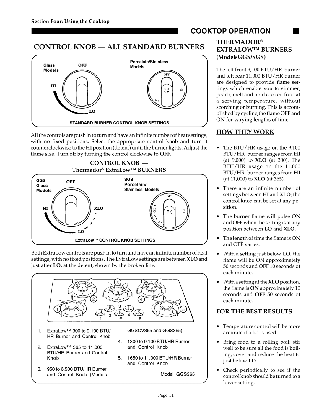 Thermador GGN36, SGNCV36G Cooktop Operation, Thermador Extralow Burners ModelsGGS/SGS, HOW They Work, For the Best Results 