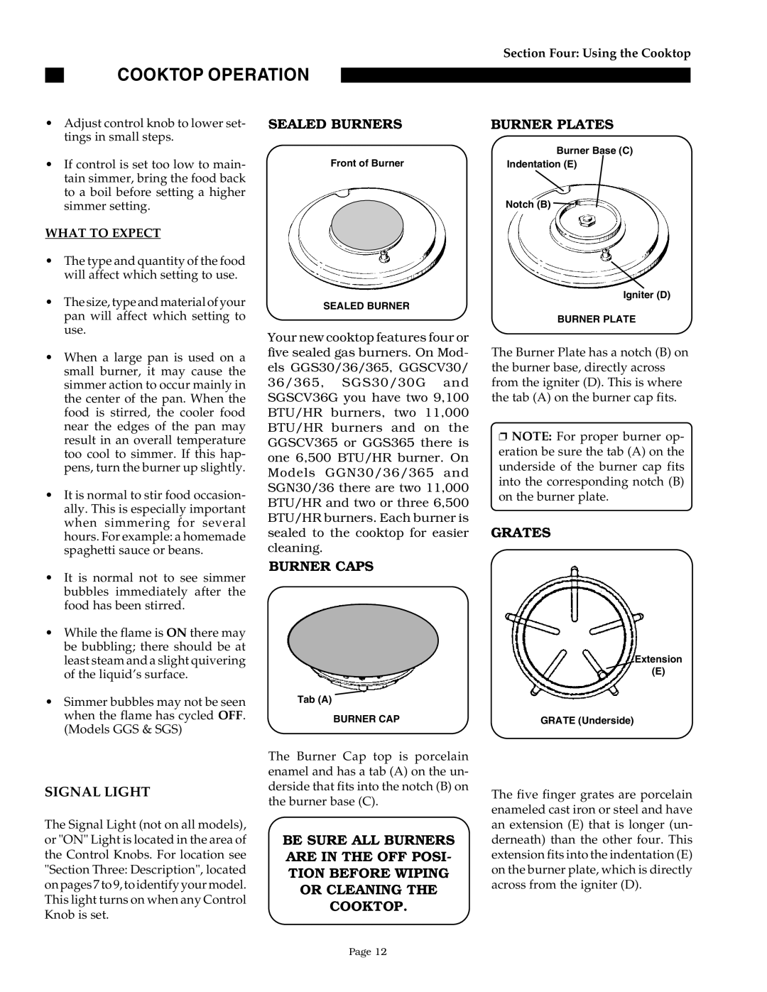 Thermador GGN30, SGNCV36G, SGN36G, SGN30, GGNCV30, GGN365, GGNCV365 owner manual Sealed Burners 