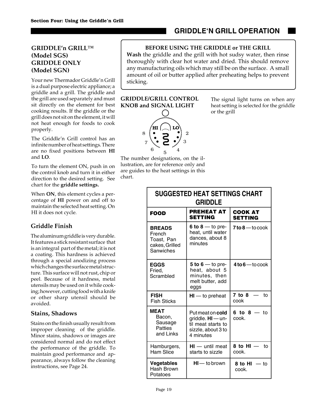 Thermador GGNCV30, SGNCV36G, SGN36G, SGN30 GRIDDLE‘N Grill Operation, Suggested Heat Settings Chart Griddle, Griddle only 