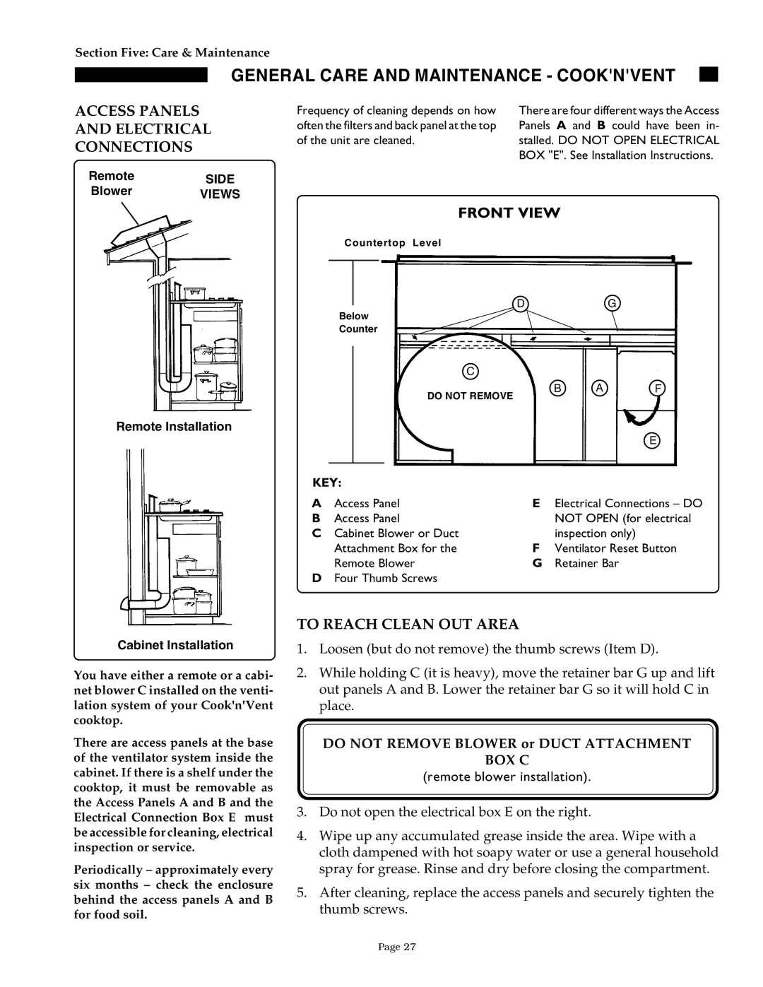 Thermador SGN30 General Care and Maintenance Cooknvent, Access Panels and Electrical Connections, To Reach Clean OUT Area 