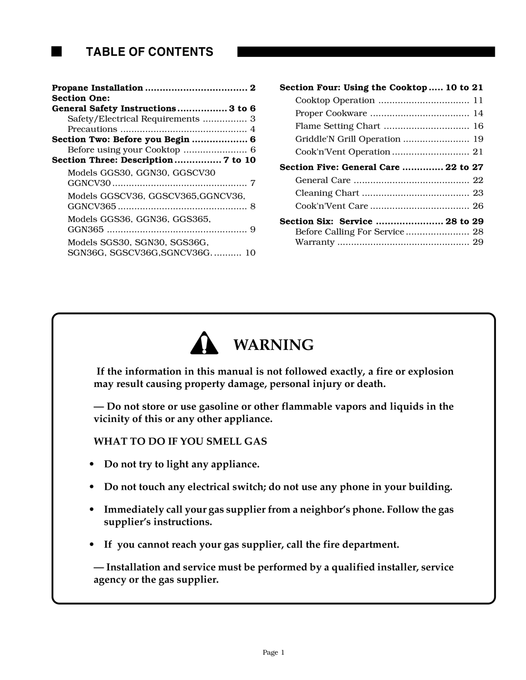 Thermador GGNCV30, SGNCV36G, SGN36G, SGN30, GGN30, GGN365, GGNCV365 owner manual Table of Contents 