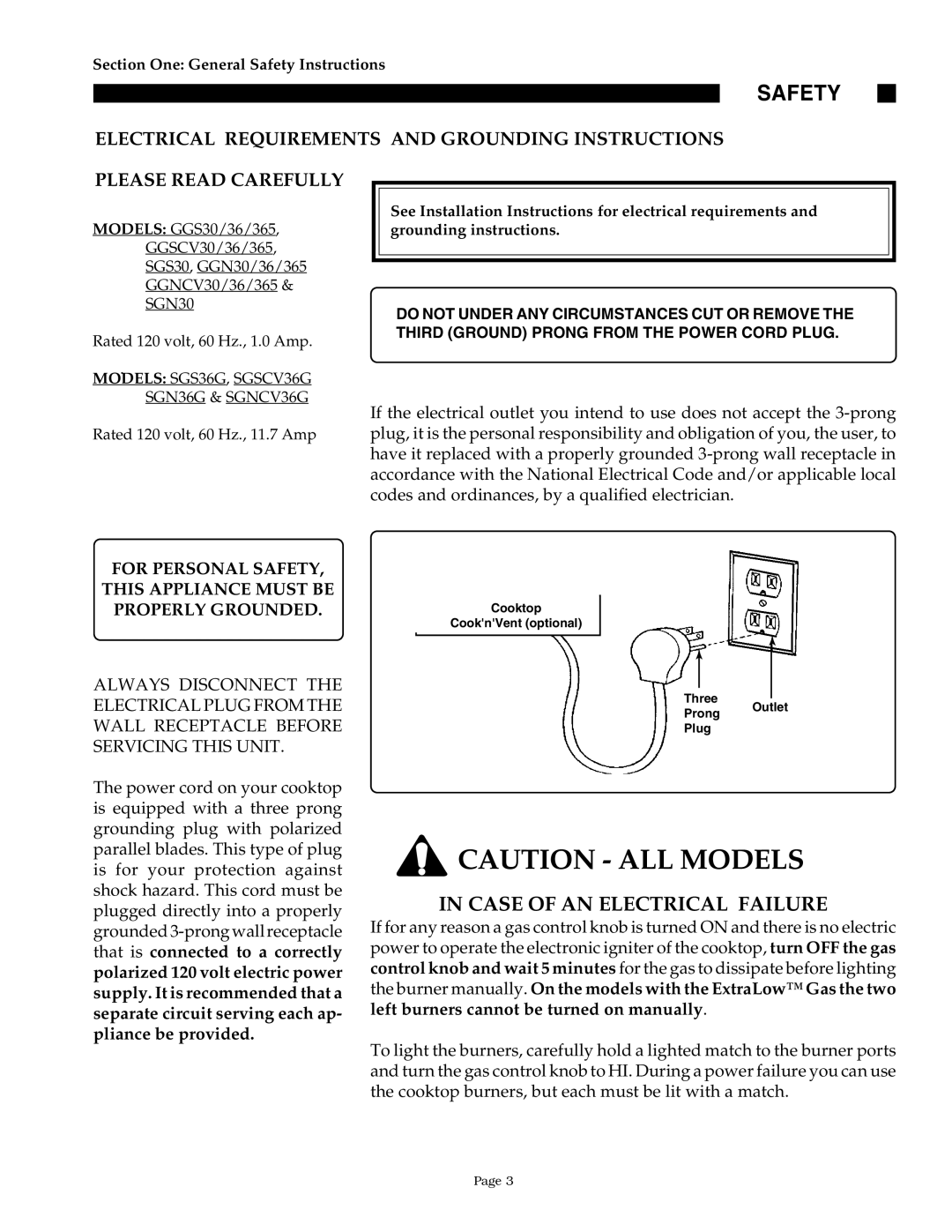 Thermador GGN30, SGNCV36G, SGN36G, SGN30, GGNCV30, GGN365, GGNCV365 owner manual Safety, Case of AN Electrical Failure 