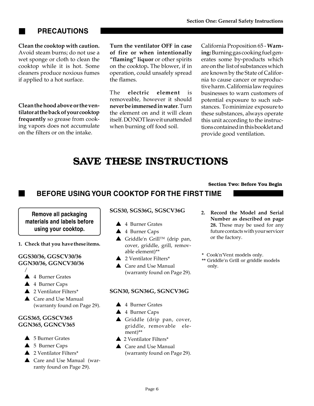 Thermador GGNCV365, SGNCV36G, SGN36G, SGN30, GGNCV30 Before Using Your Cooktop for the First Time, SGS30, SGS36G, SGSCV36G 