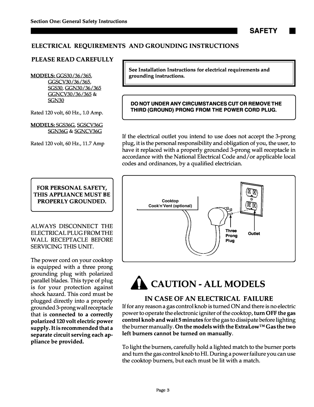Thermador GGN30 Safety, Electrical Requirements And Grounding Instructions, Please Read Carefully, Caution - All Models 