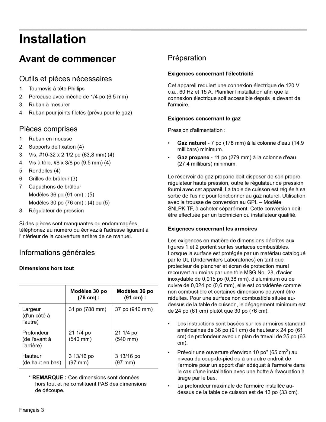 Thermador SGSL Avant de commencer, Outils et pièces nécessaires, Pièces comprises, Informations générales, Préparation 