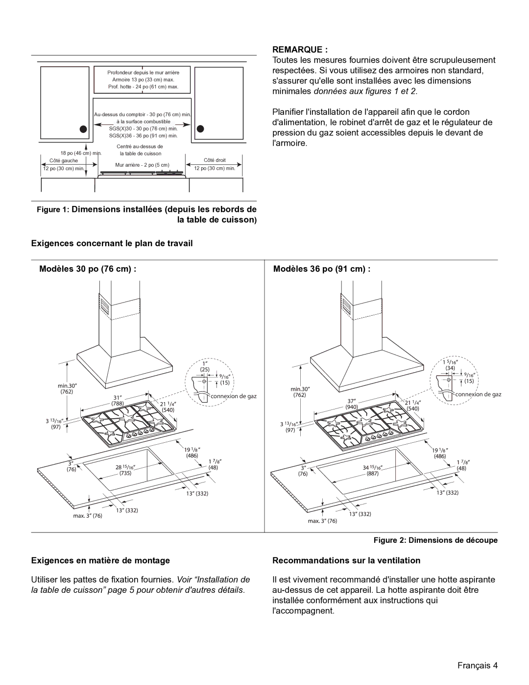 Thermador SGSX, SGSL installation manual Exigences en matière de montage, Recommandations sur la ventilation 