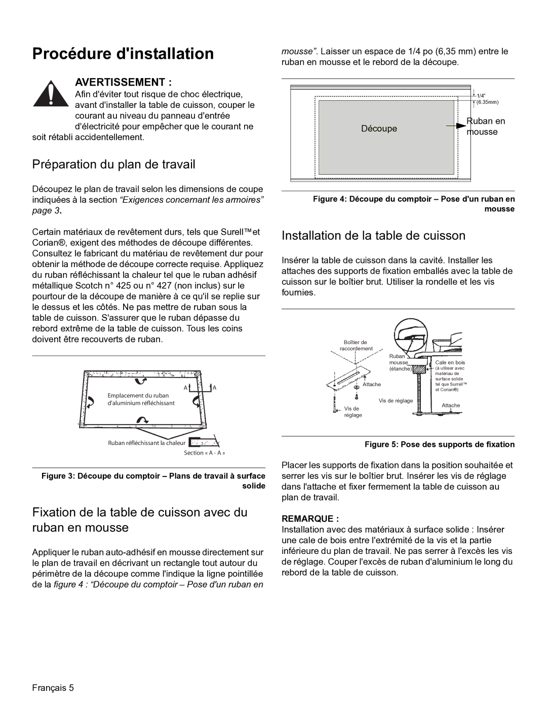 Thermador SGSL, SGSX Procédure dinstallation, Préparation du plan de travail, Installation de la table de cuisson 