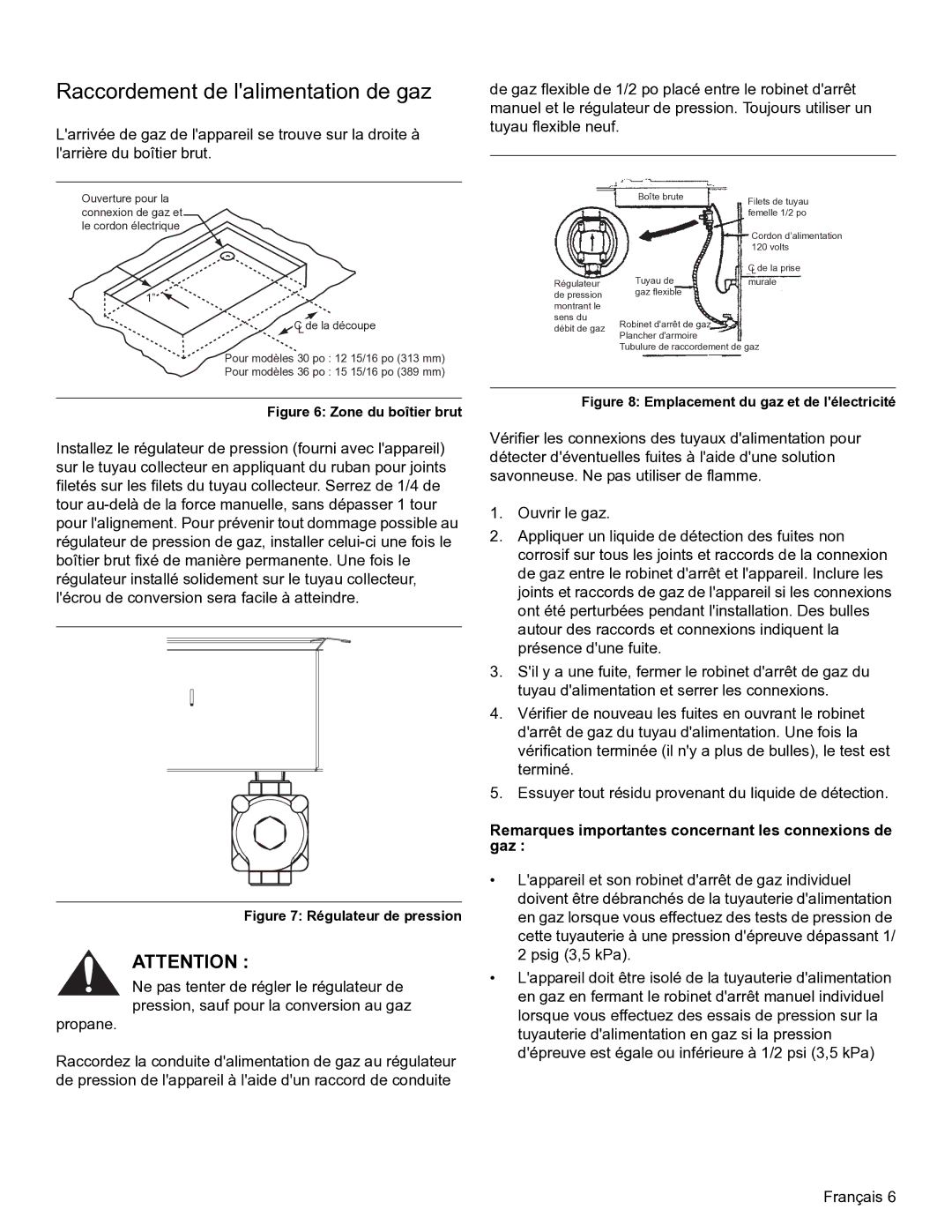 Thermador SGSL, SGSX Raccordement de lalimentation de gaz, Remarques importantes concernant les connexions de gaz 