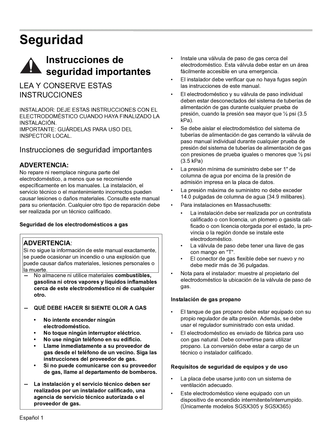 Thermador SGSX, SGSL installation manual Seguridad, Instrucciones de seguridad importantes 