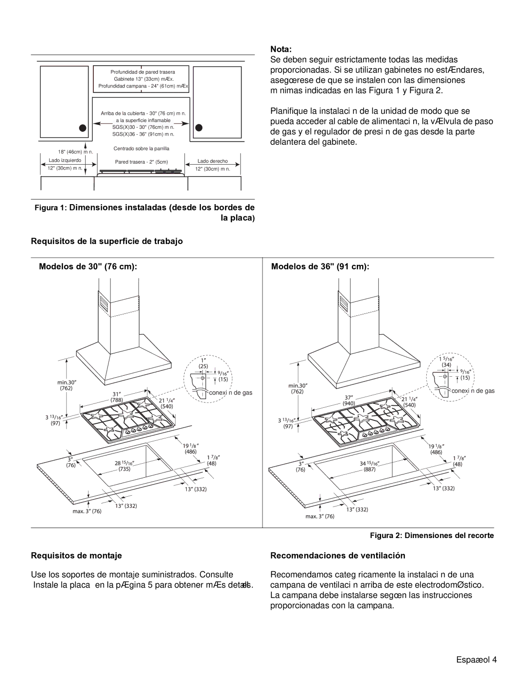 Thermador SGSX, SGSL installation manual Nota, Requisitos de montaje, Recomendaciones de ventilación 